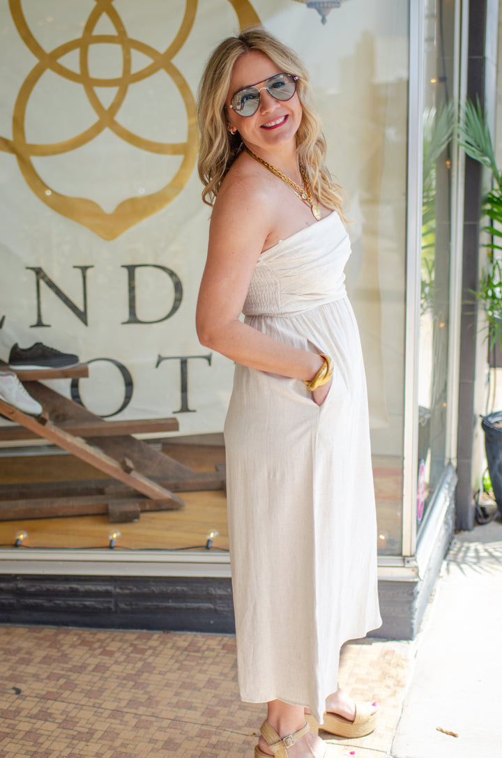 La Dolce Vita Strapless Empire Waistline Midi Dress in Natural