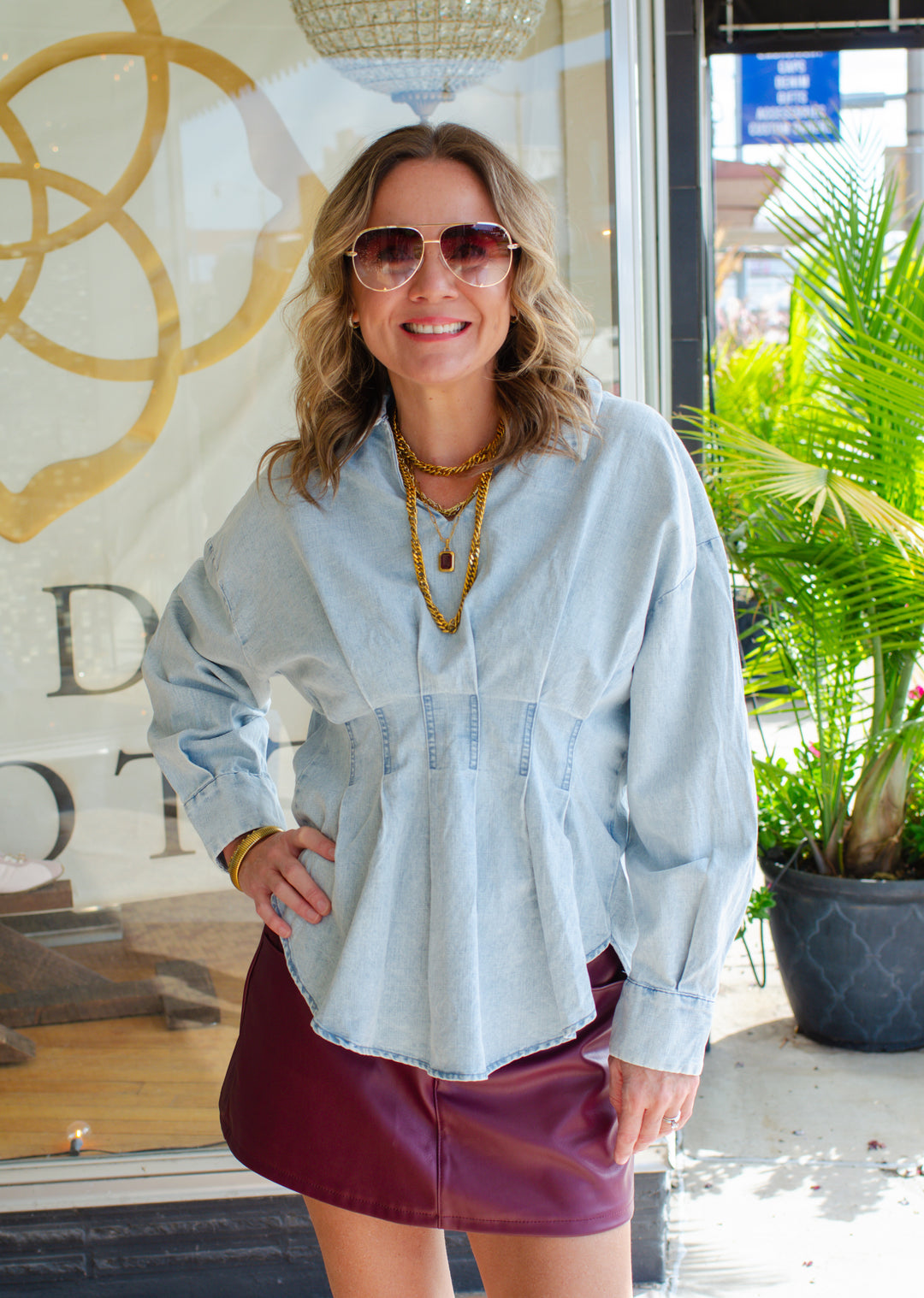 Denim Darling Peplum Long Sleeve Collared Top