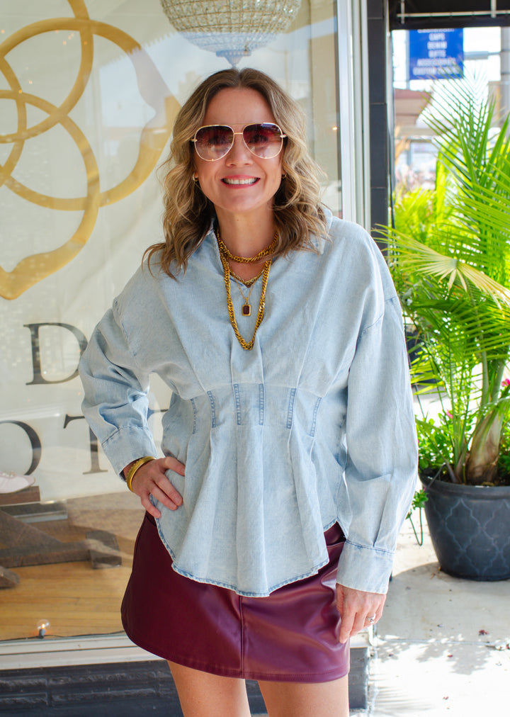 Denim Darling Peplum Long Sleeve Collared Top