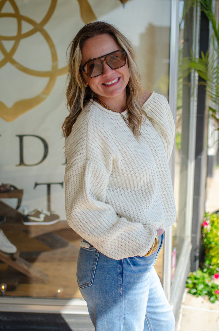 Winter Wonder Rolled Edge Ultra Soft Knit Sweater in Cream