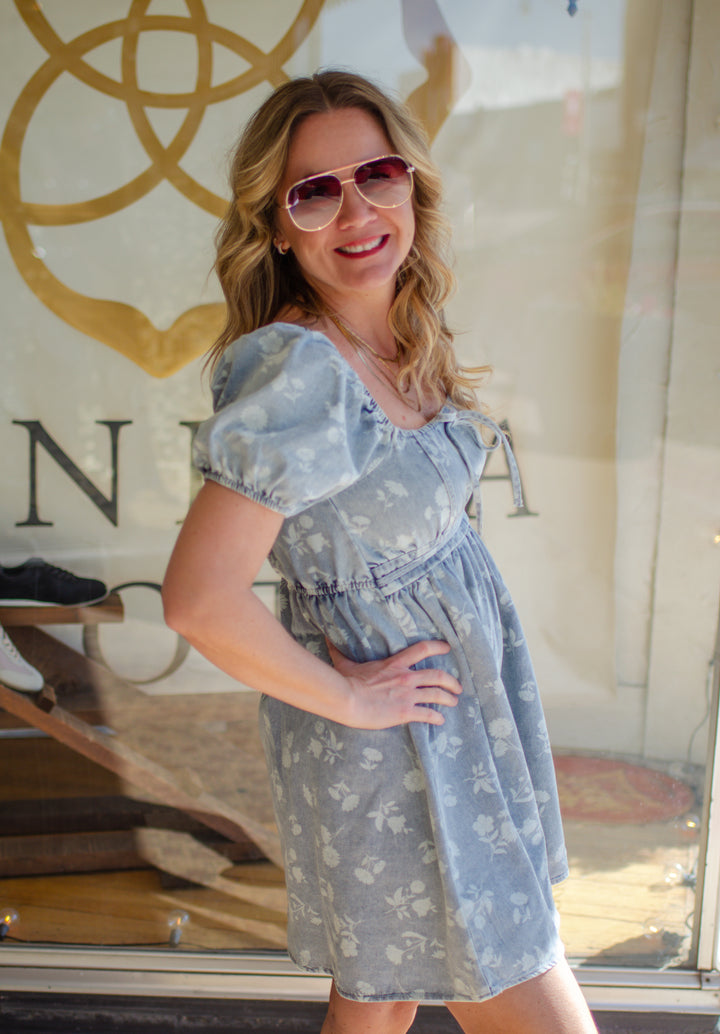 Feeling Floral Denim Acid Wash Bubble Sleeve Stretch Waistline Dress