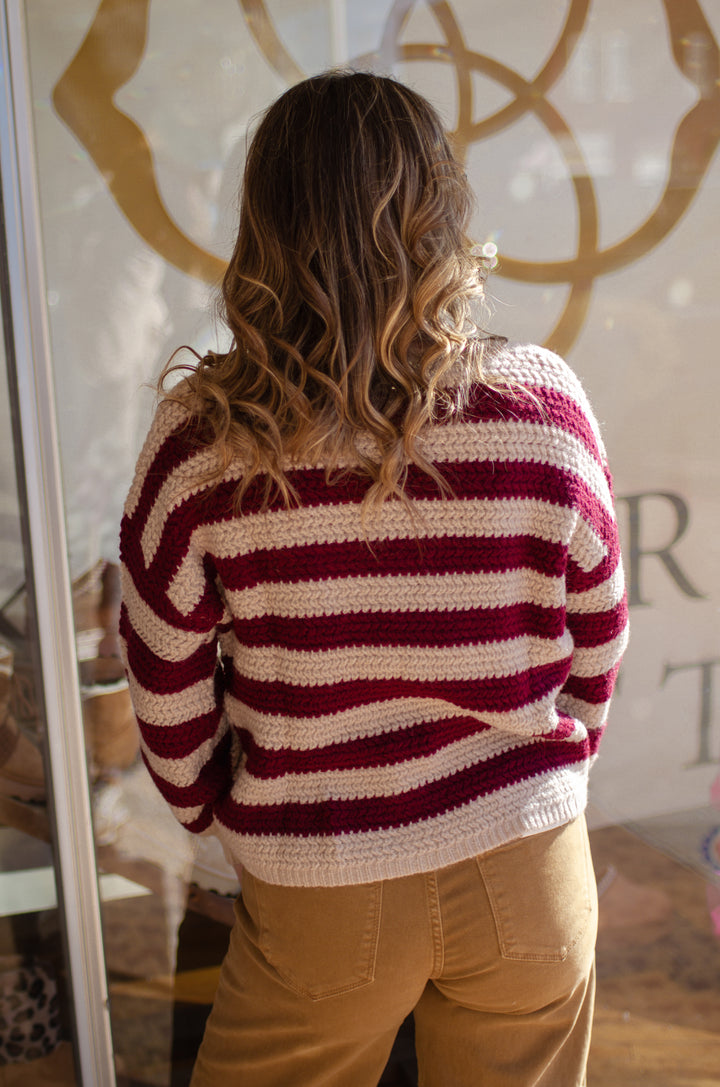 Time After Time Burgundy & Cream Stripe Round neck Knit Sweater