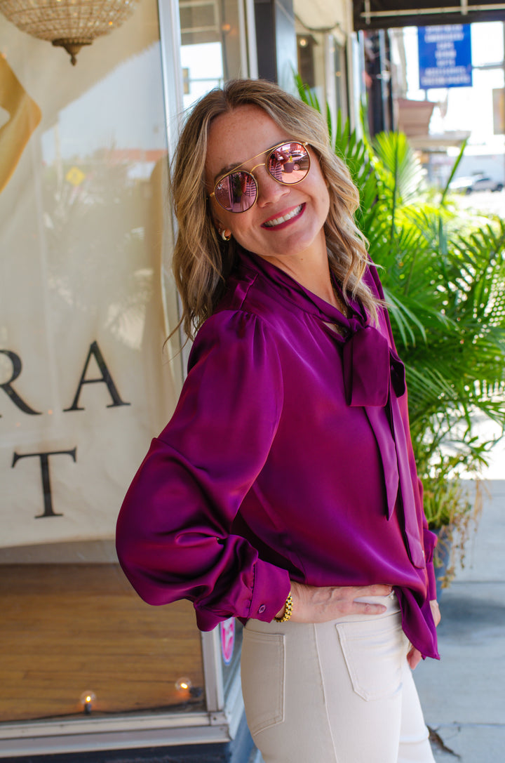Your My Beau Tie Front Silky Long Sleeve Top in Eggplant
