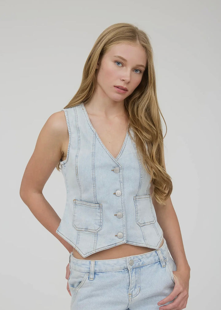 Night Out Denim V-Neck Button Down Vest in light Denim