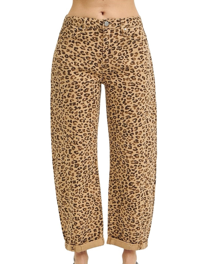 Risen Slouchy Cropped Barrel Leopard Pant in Camel