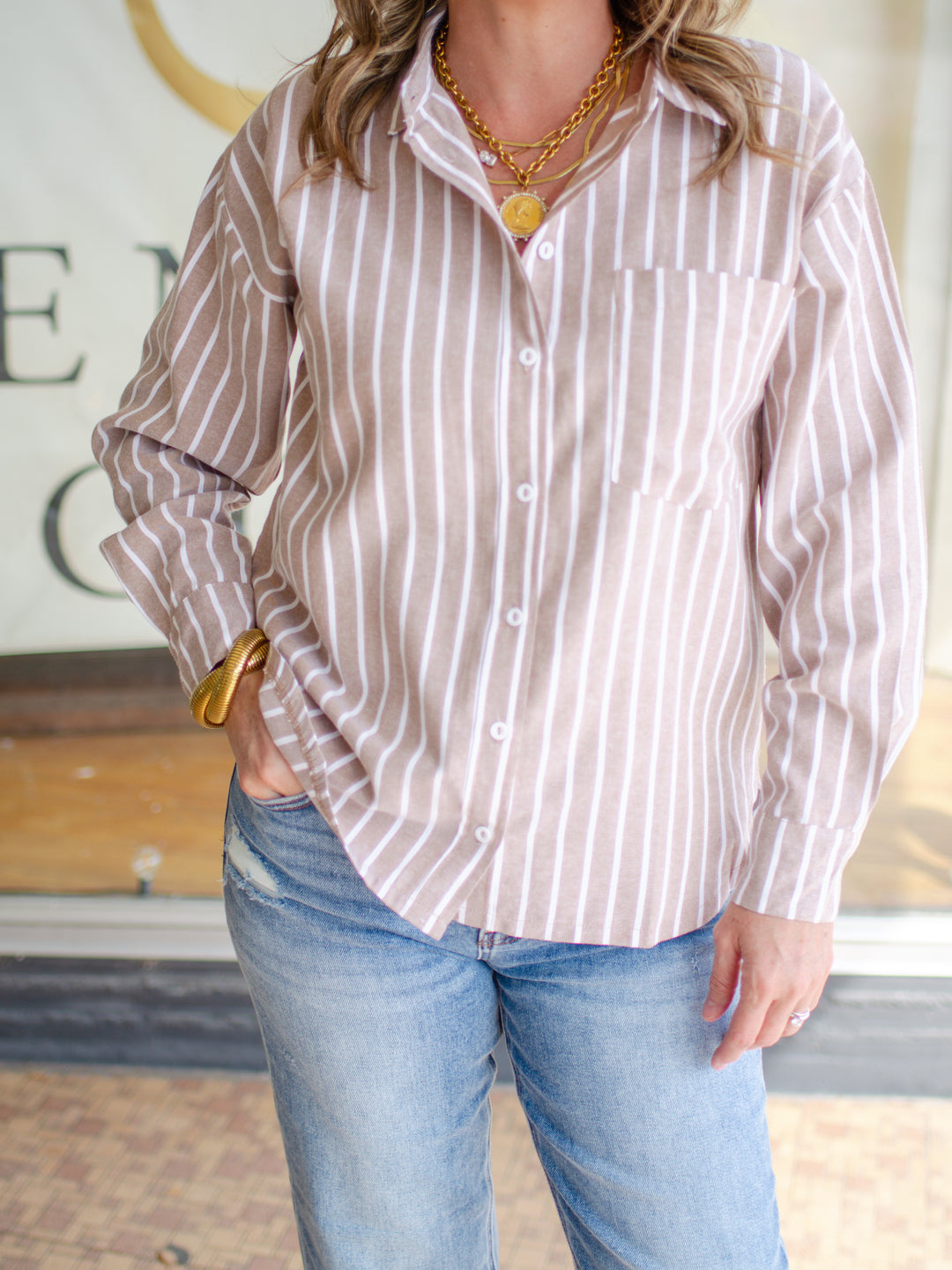 Fall Classic Stripe Button Down Boyfriend Top in Mocha
