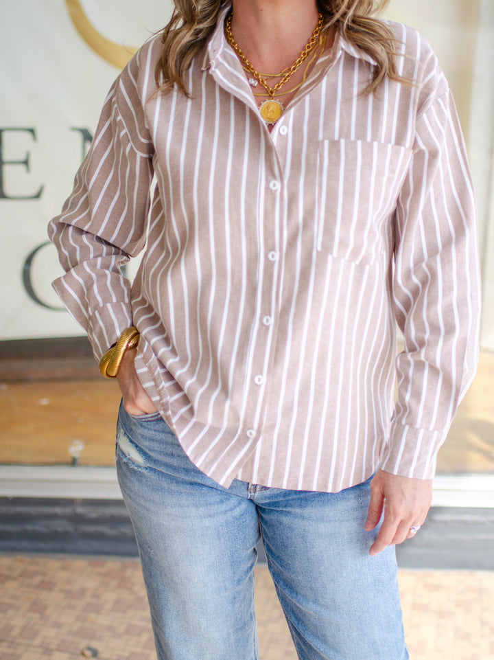 Fall Classic Stripe Button Down Boyfriend Top in Mocha