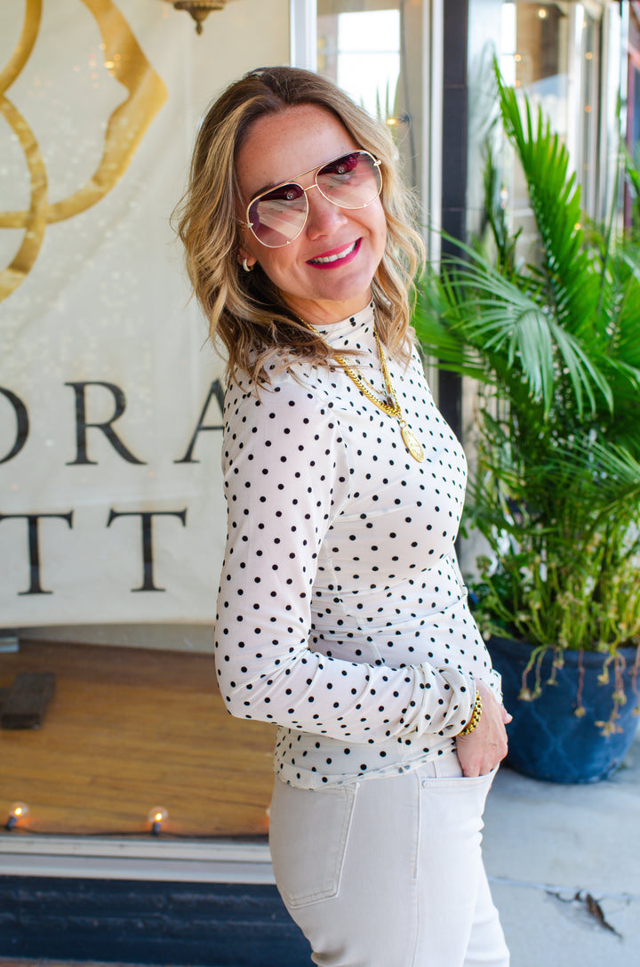 Oh So Fancy Polka Dot Mesh Long Sleeve Top in Cream