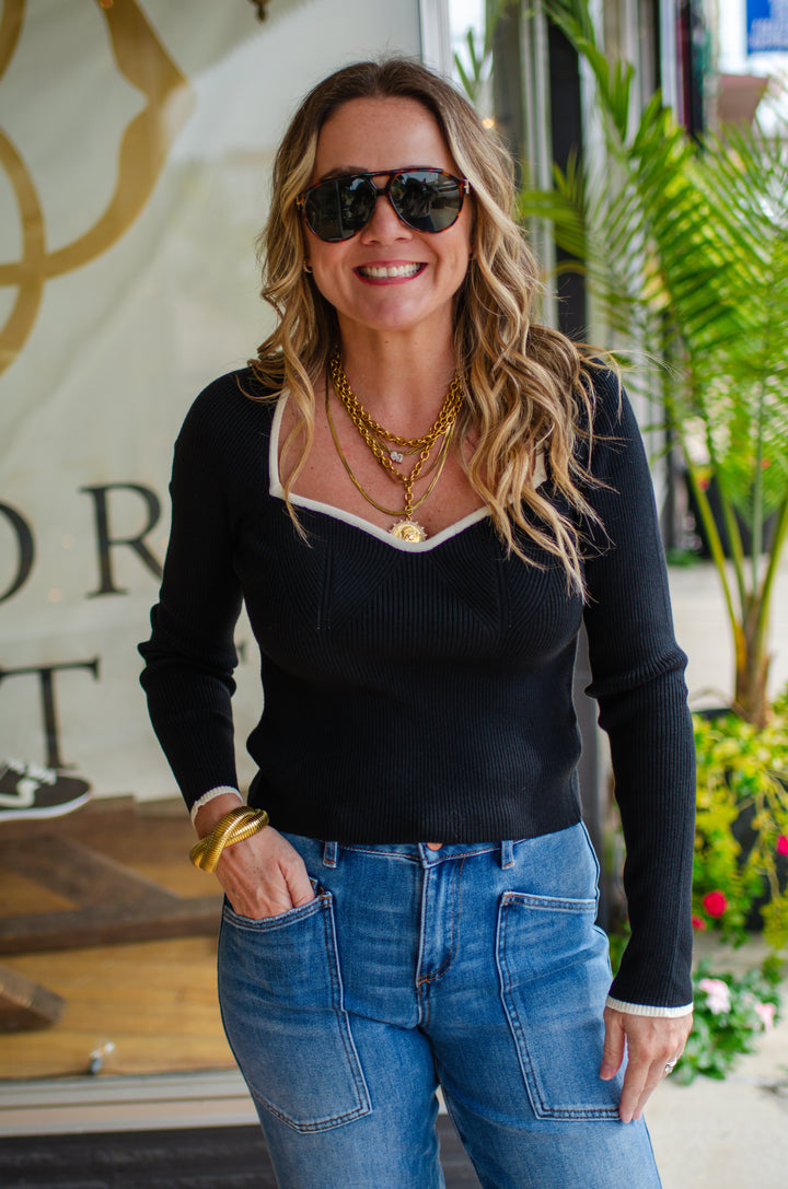 Fall Wishes Top in Black with Cream Trim