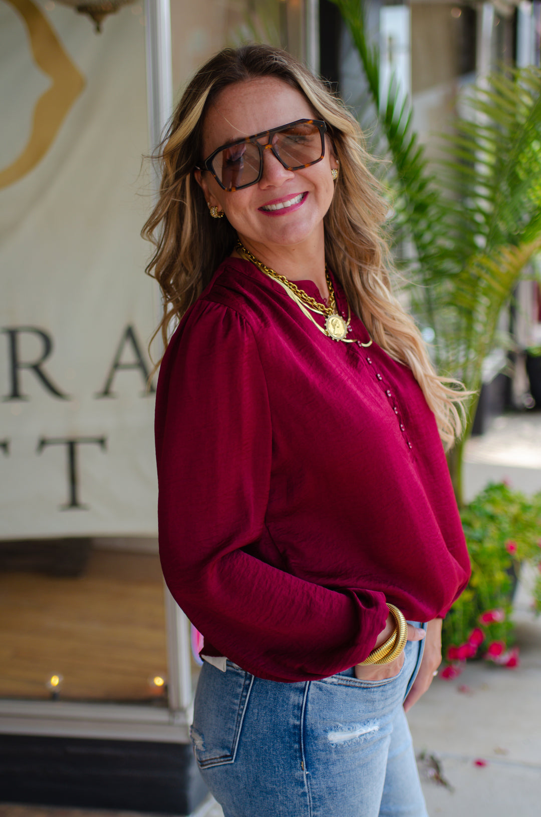 Weekend Romance Silky Button Down Blouse in Burgundy