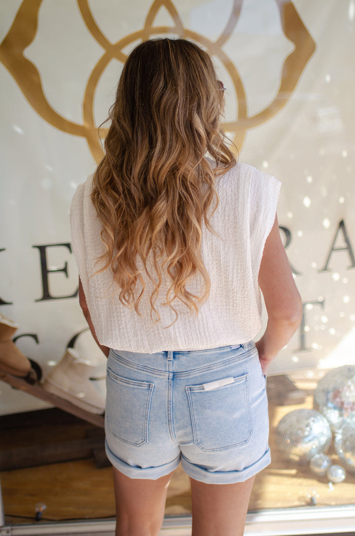 Moment For Us Textured Round Neck Pleated Top in White