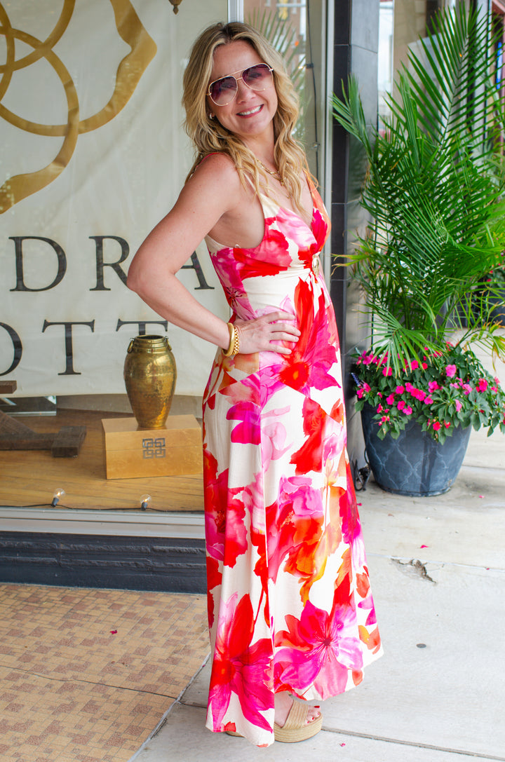 Tropical Escape Pink Floral Gold Emblem Twist Front Dress