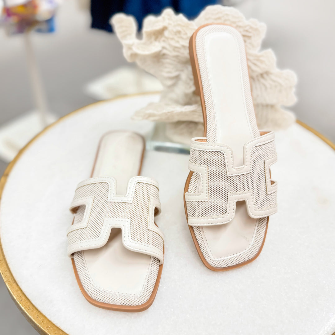 Elle Ivory Linen Gold Buckle Slide Sandal