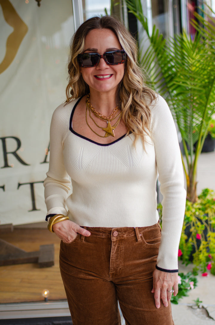 Fall Wishes Top in Cream with Black Trim