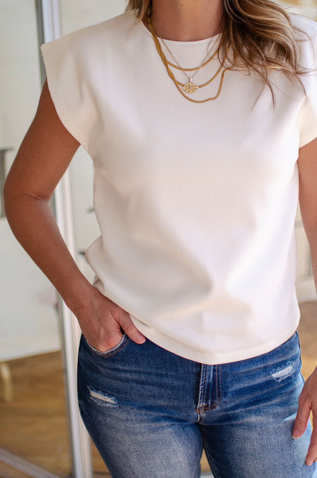 Be in The Moment Round Neck Drop Sleeve Top in White