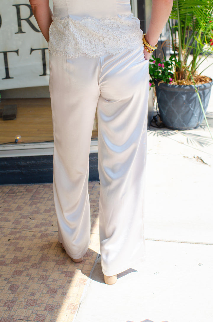 Fall Romance High Rise Satin Wide Leg Pant in Champagne