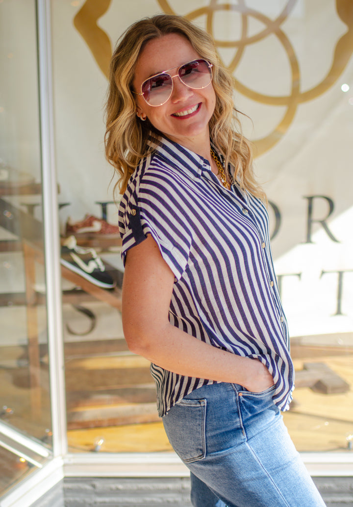 Make Your Way Navy Stripe Button Down Top