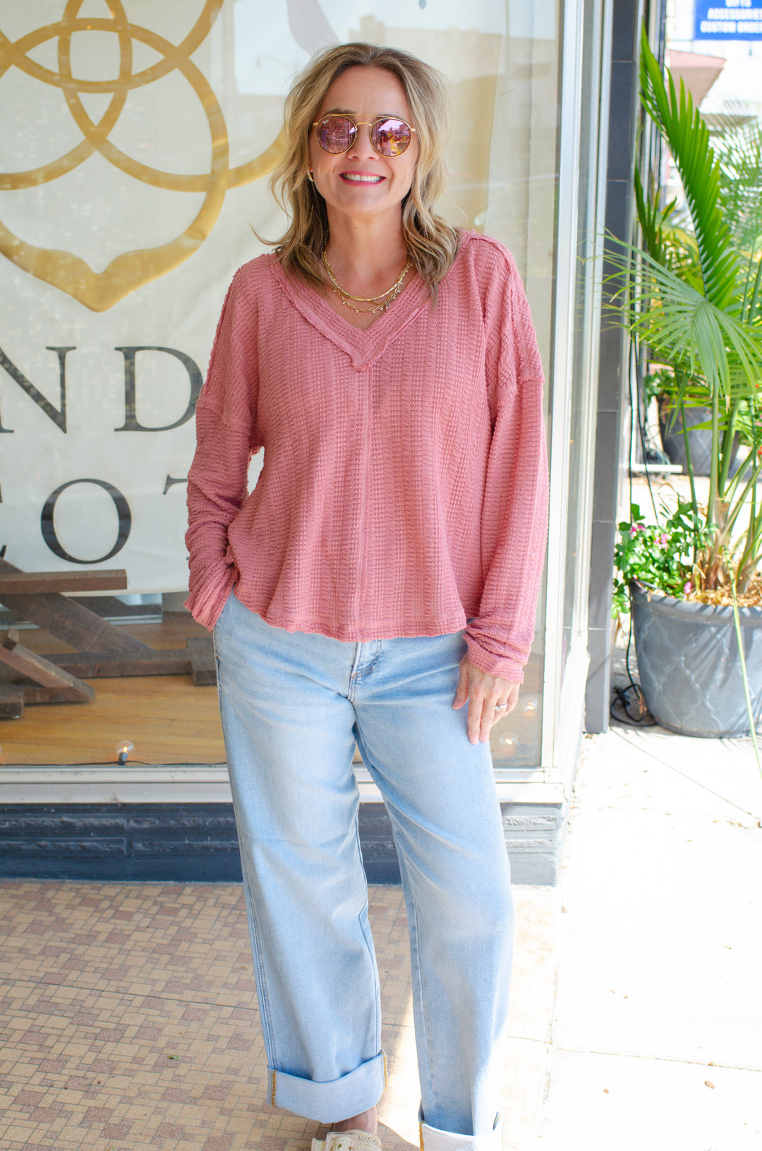 Our Time Textured V-Neck Long Sleeve Top in Mauve