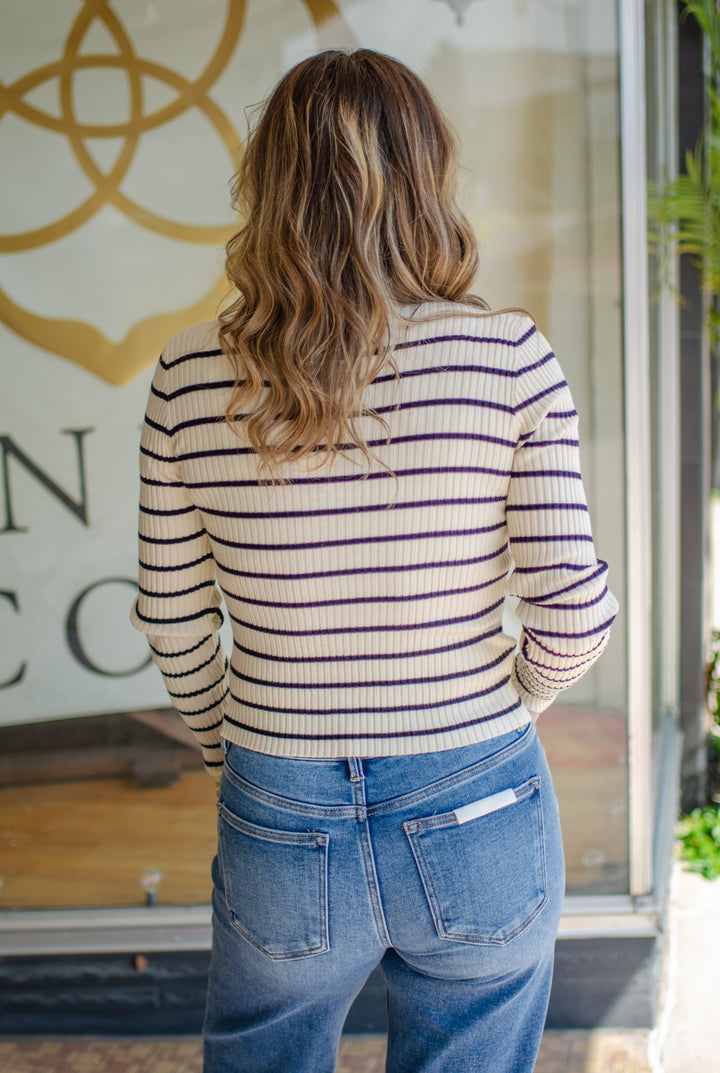 Love Story Ribbed Stripe Fitted Mock Neck Top in Cream