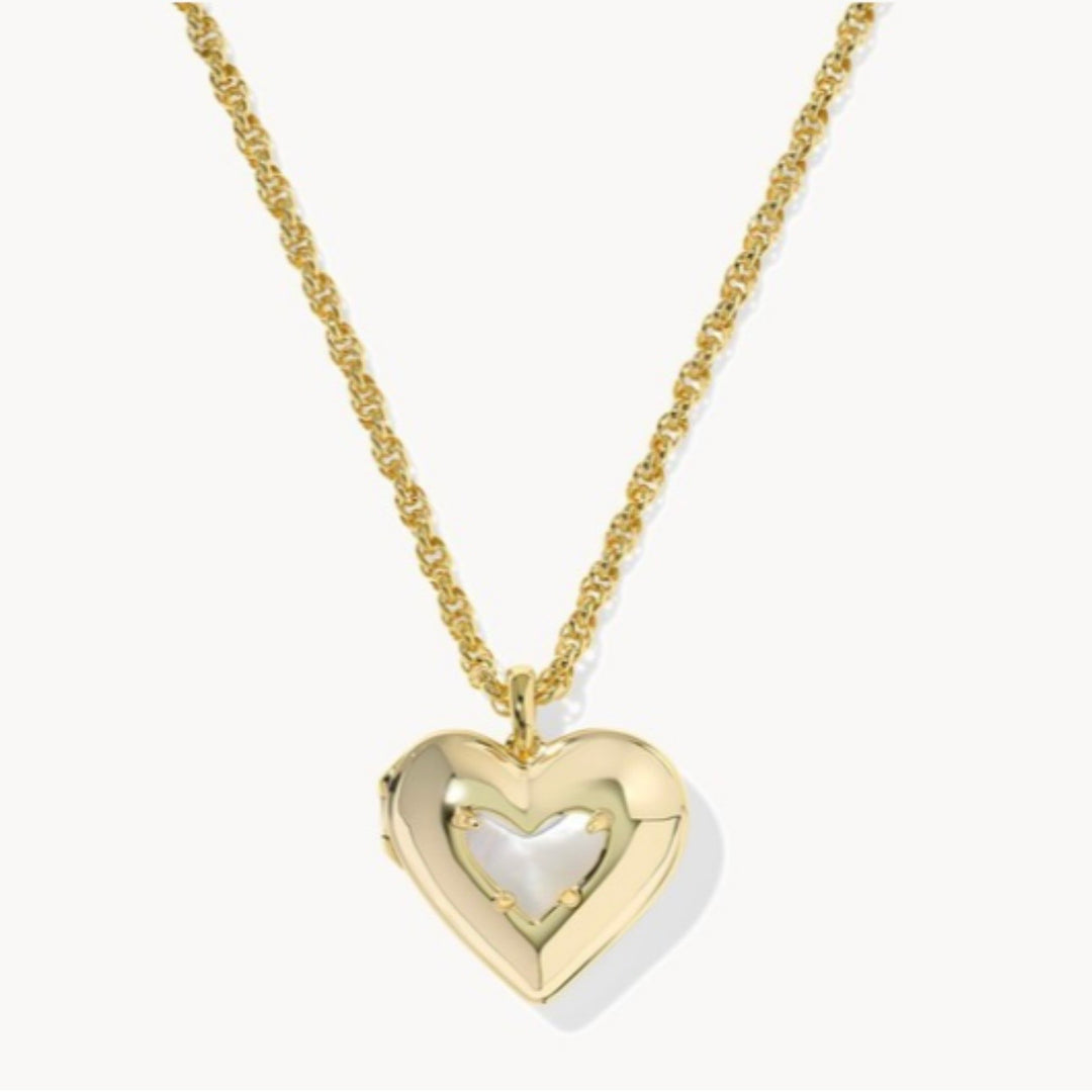 Kendra Scott Ari Puffy Heart Locket Necklace in Ivory Mother of Pearl on Gold