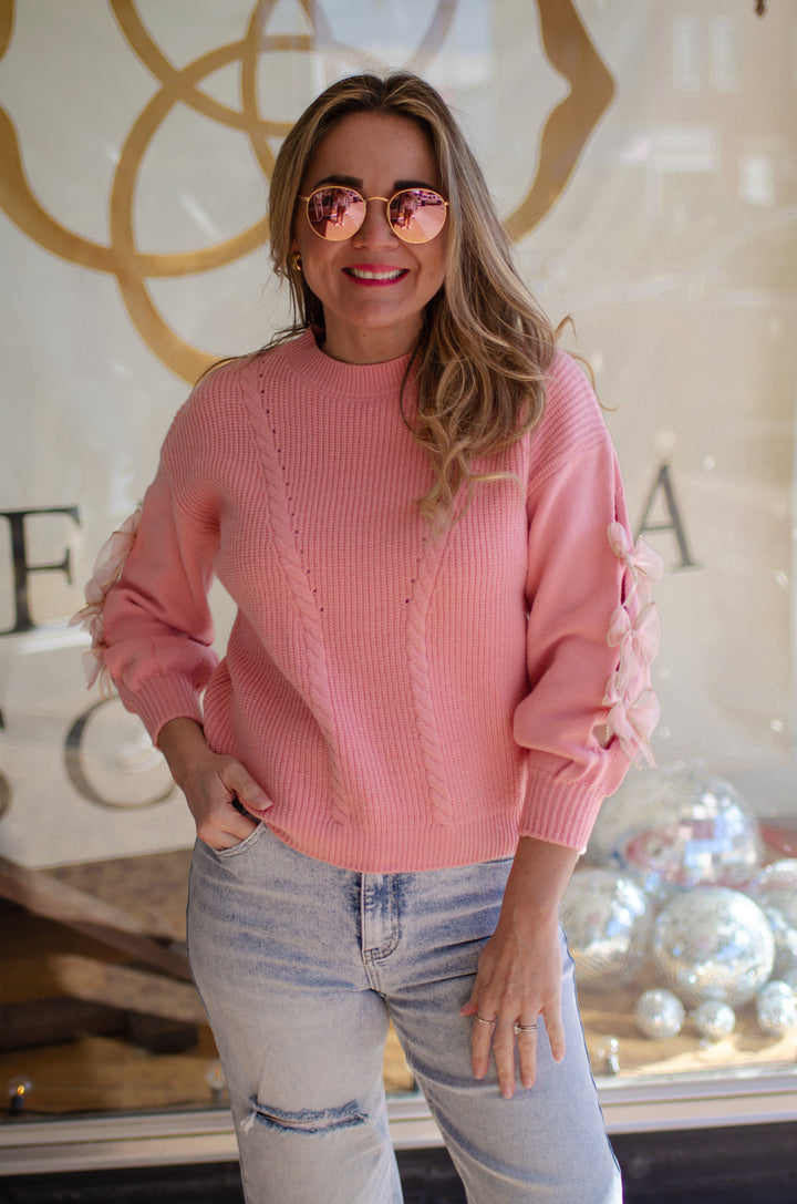 Be Mine Pink Knit Sweater with Bow Detail on Sleeves