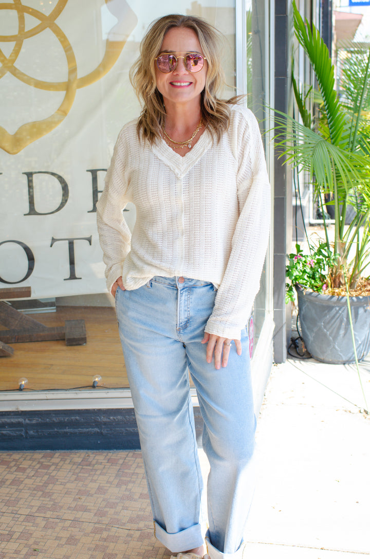 Our Time Textured V-Neck Long Sleeve Top in Cream