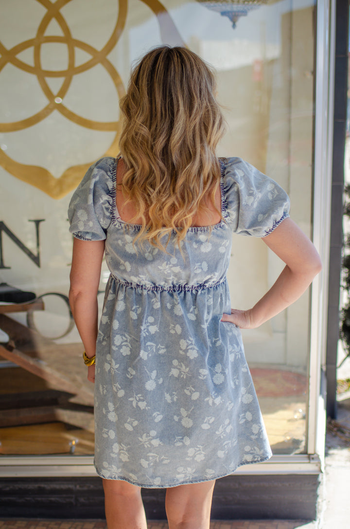 Feeling Floral Denim Acid Wash Bubble Sleeve Stretch Waistline Dress