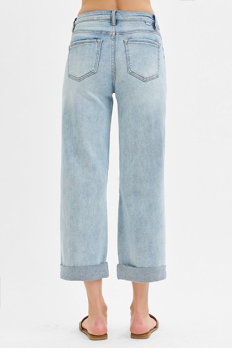 Risen Mid Rise Boyfriend Fit Cut Off Jeans in Light Wash