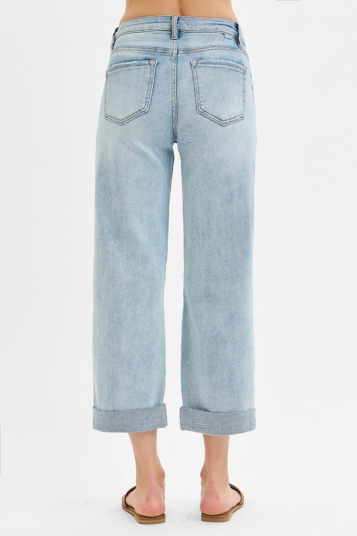 Risen Mid Rise Boyfriend Fit Cut Off Jeans in Light Wash