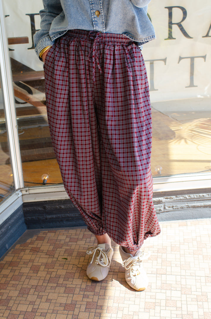 Plaid Boho Balloon Pant in Burgundy Mix