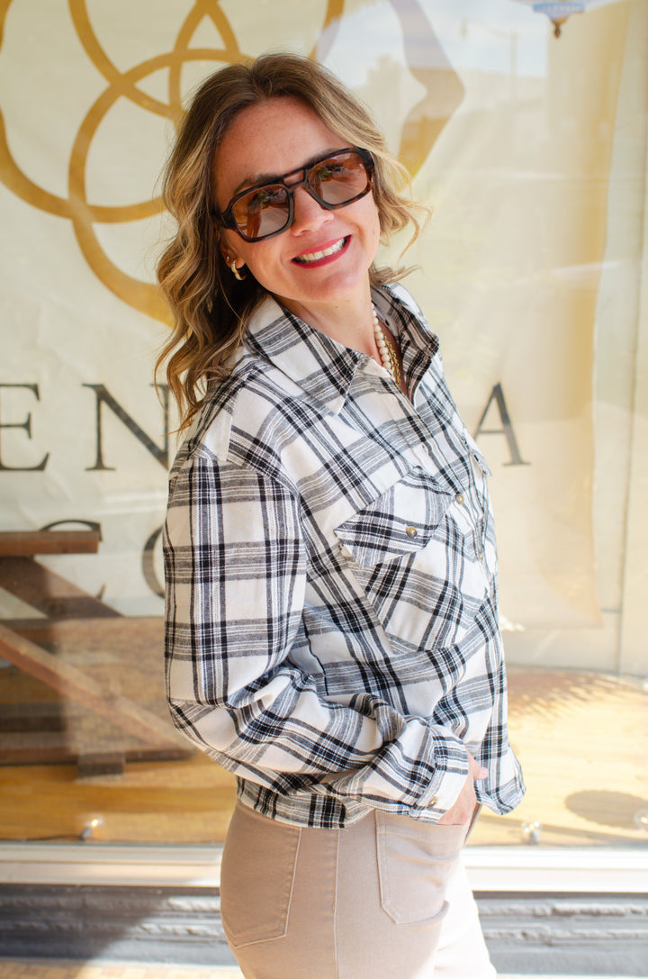 Bonfire Plaid Button Down Flannel in White/Black Mix
