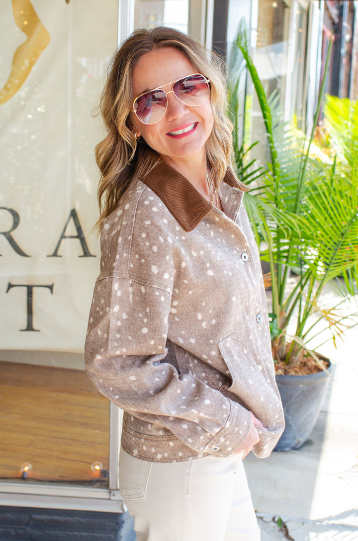 Warm My Heart Bambi Print Oversized Button Down Top in Mocha