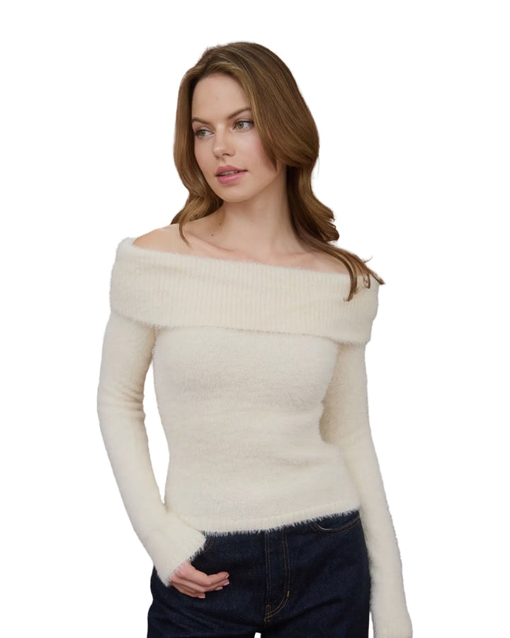 Pure Happiness Fold Over Off The Shoulder Knit Sweater in Cream