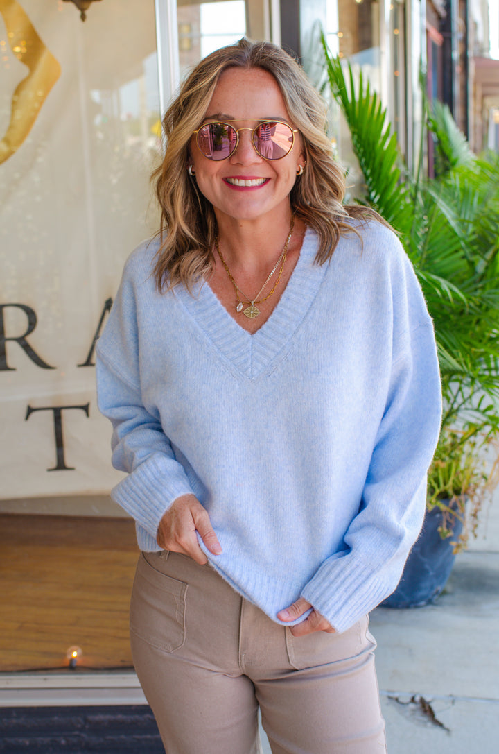 Cozy Fall V-Neck Soft Knit Sweater in Baby Blue