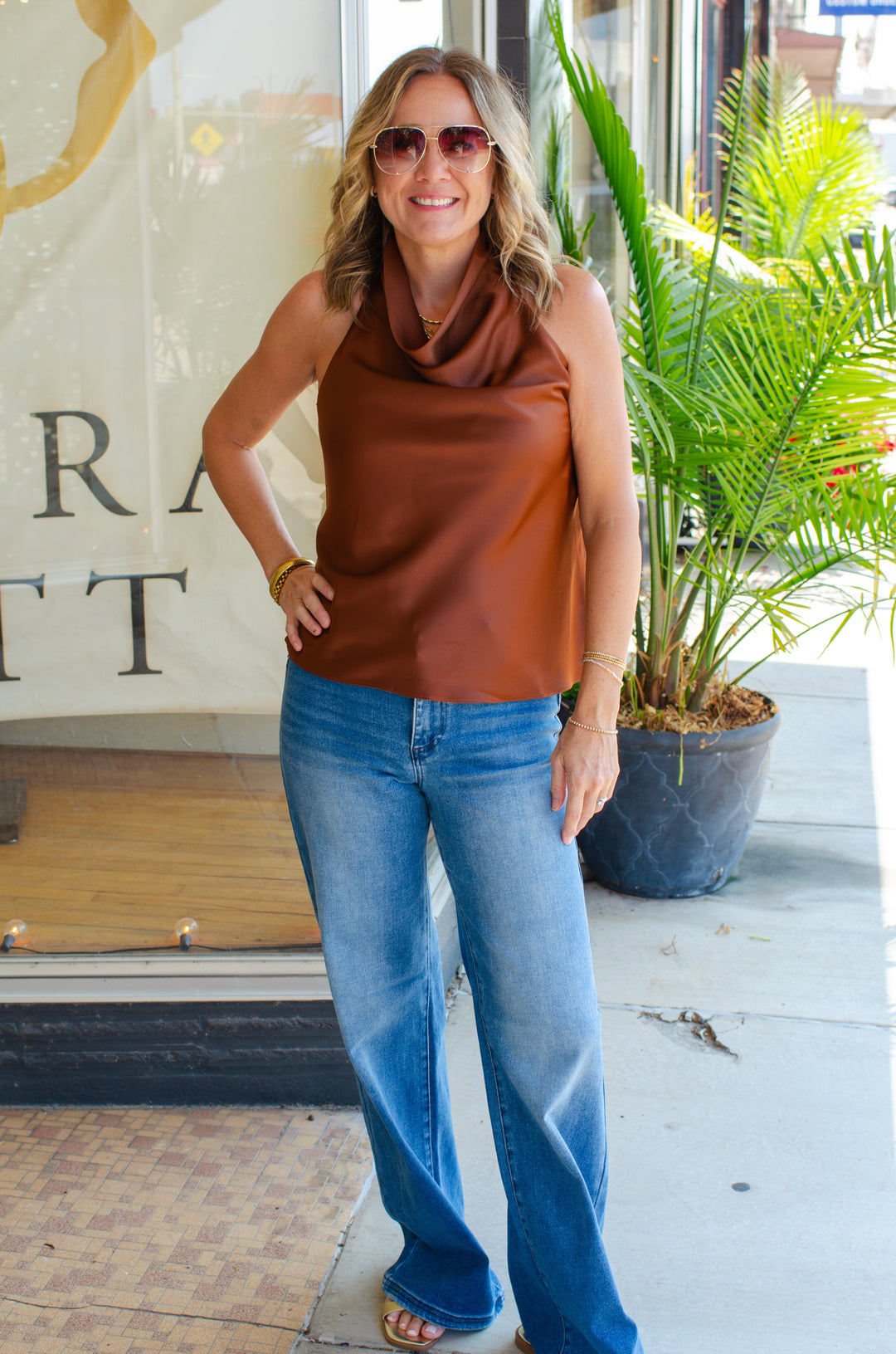 Date Night Beauty Cowl Neck Top in Brown