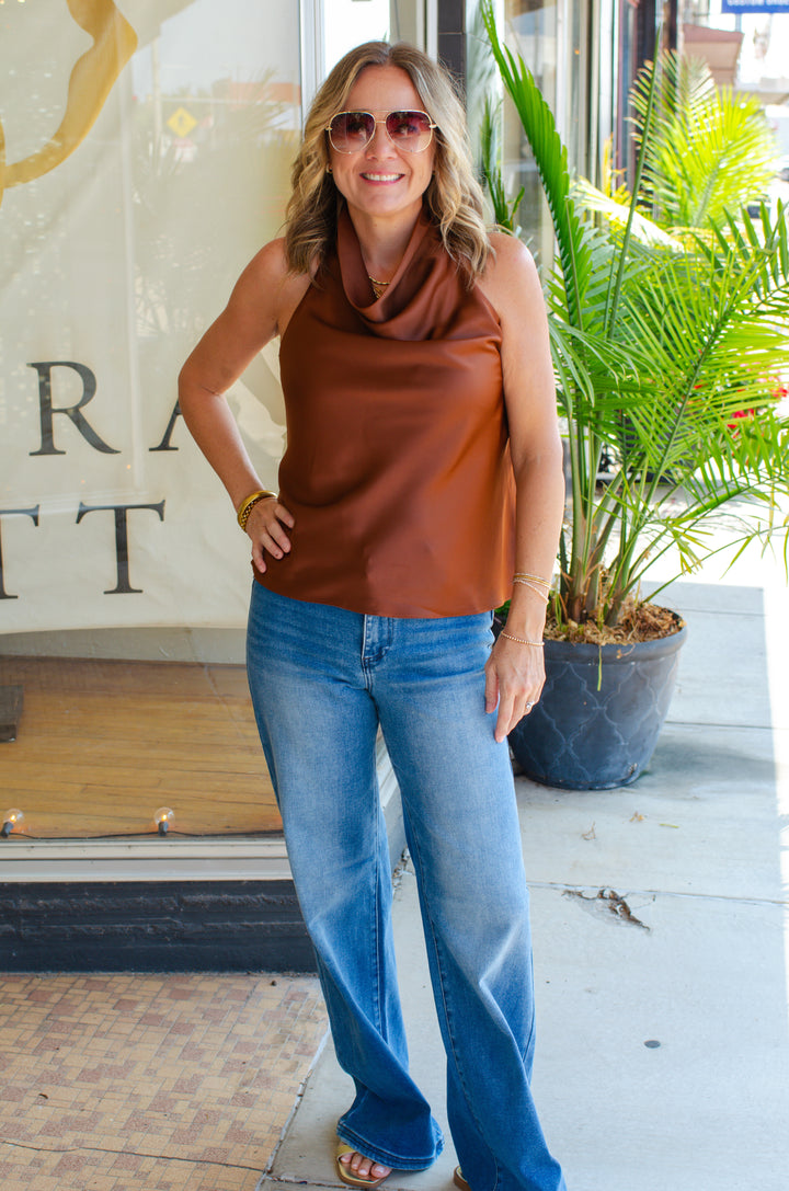Date Night Beauty Cowl Neck Top in Brown