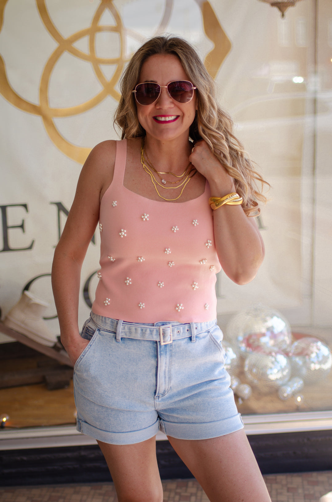 Darling Pearl Embellished Knit Tank in Peach Blush