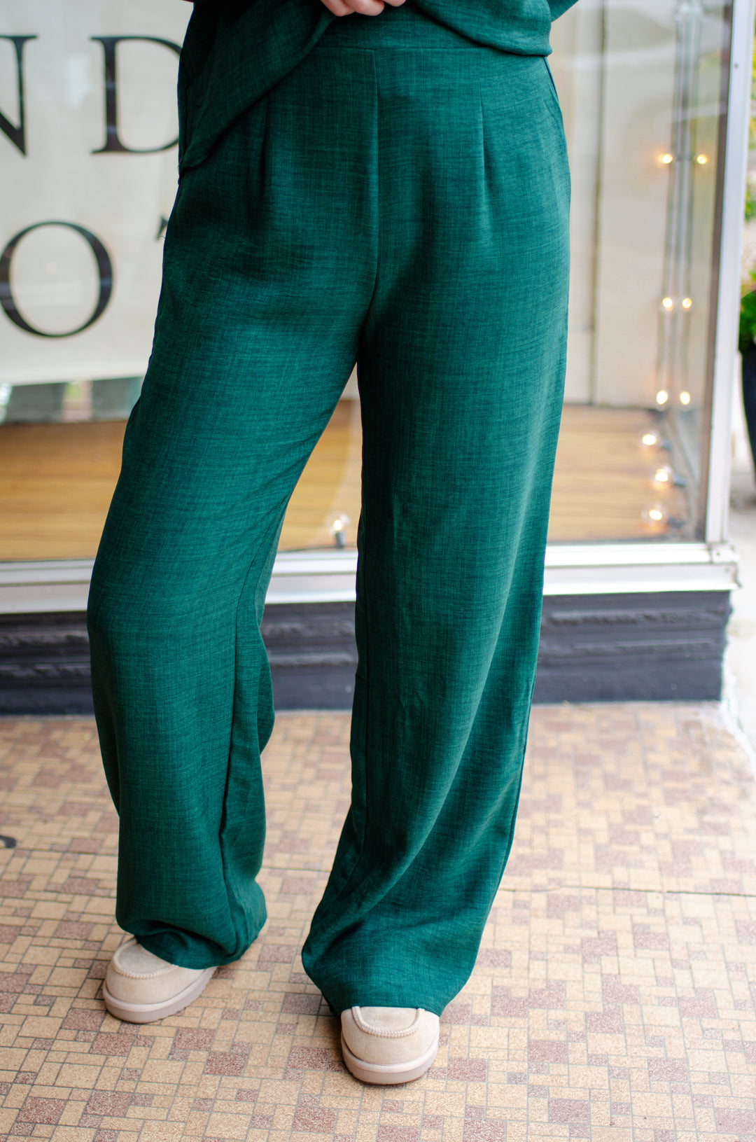 Forever True to You High Rise Poly Linen Stretch Waist Pant in Forest Green