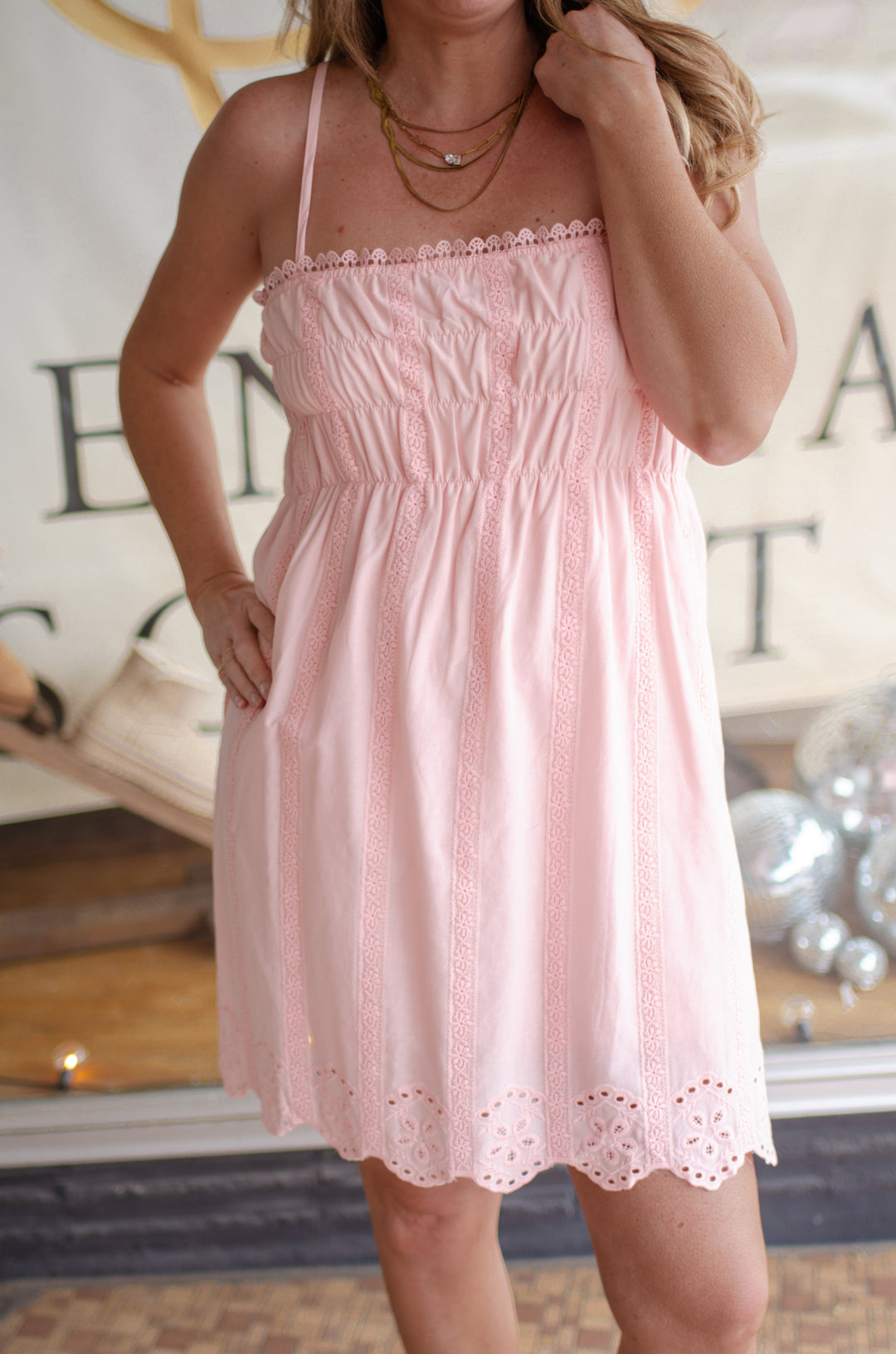 Darling Eyelet Hem Lightweight Smocked Top Dress in Blush