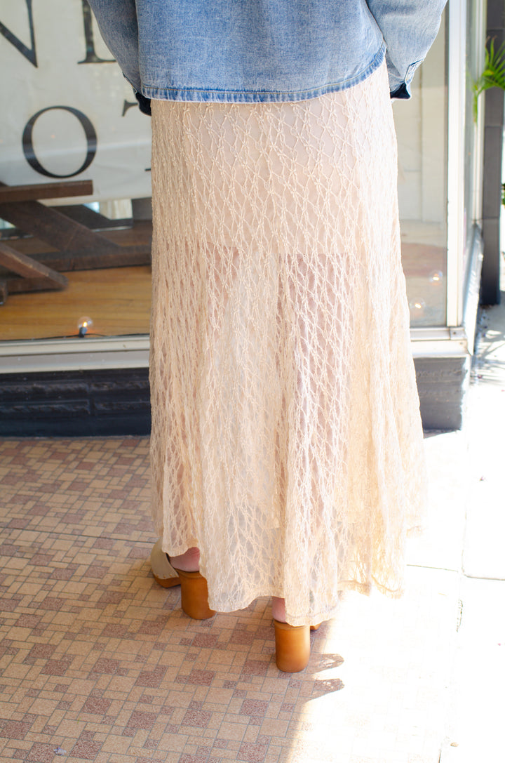 Boho Babe Sheer Lace Midi Skirt in Champagne