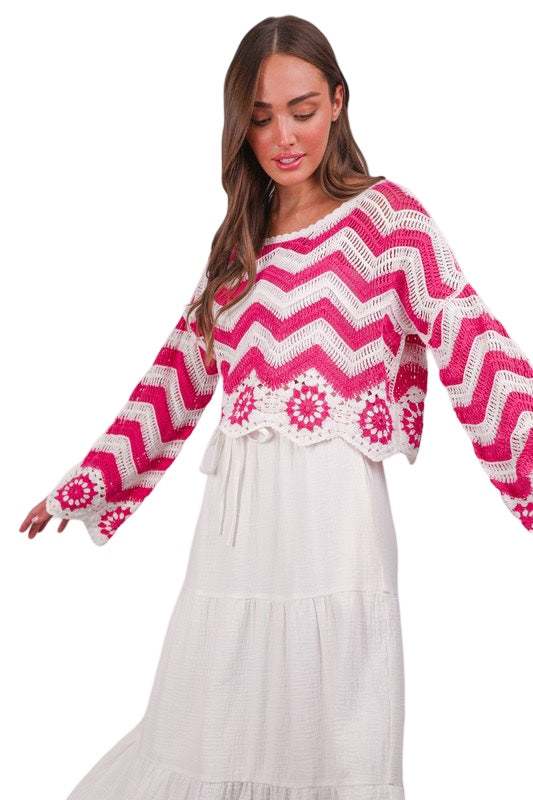 Pink Boho Crochet Knit Long Sleeve Top in Hot Pink