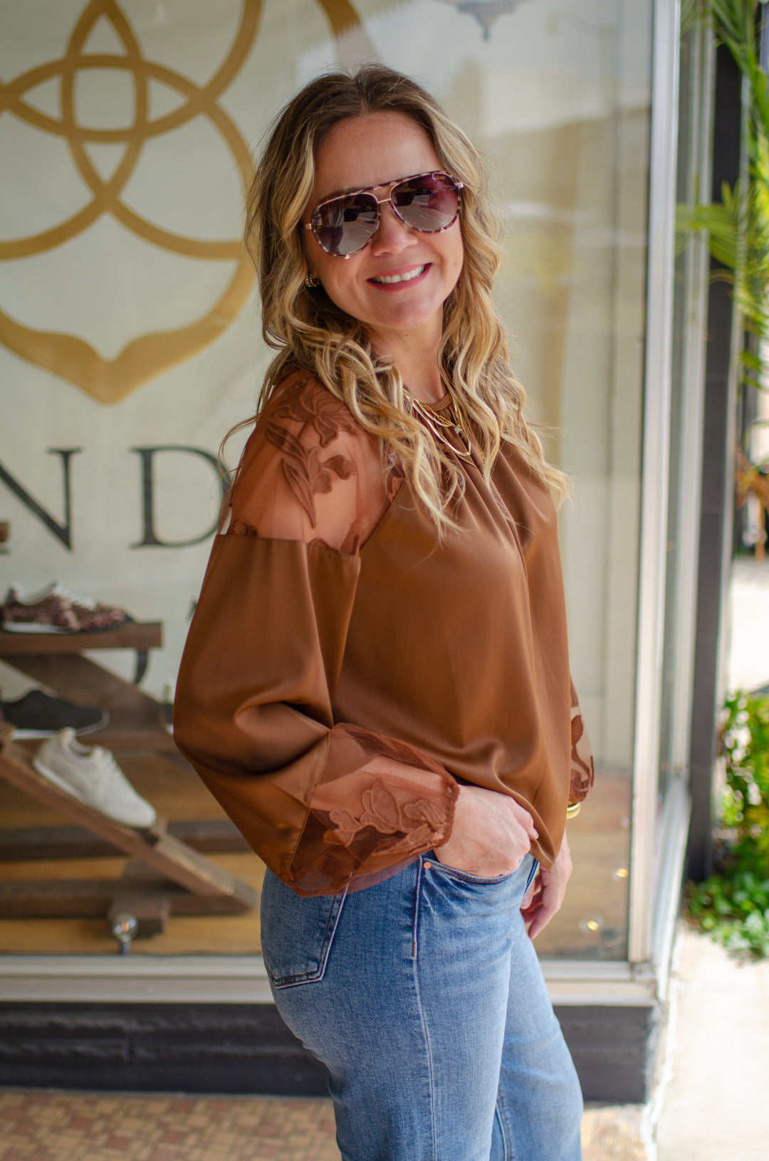 Romantic Night Floral Sheer Sleeve Round Neck Blouse in Bronze