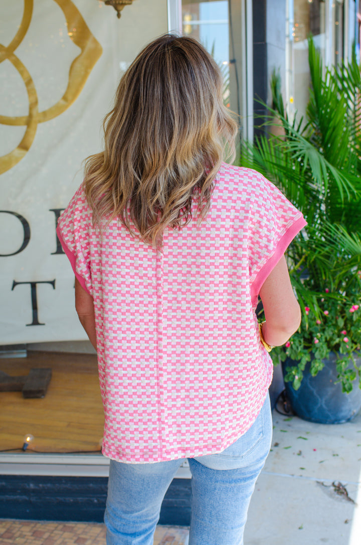 Love Like Ours Geometric Print Round Neck Short Sleeve Top in Pink