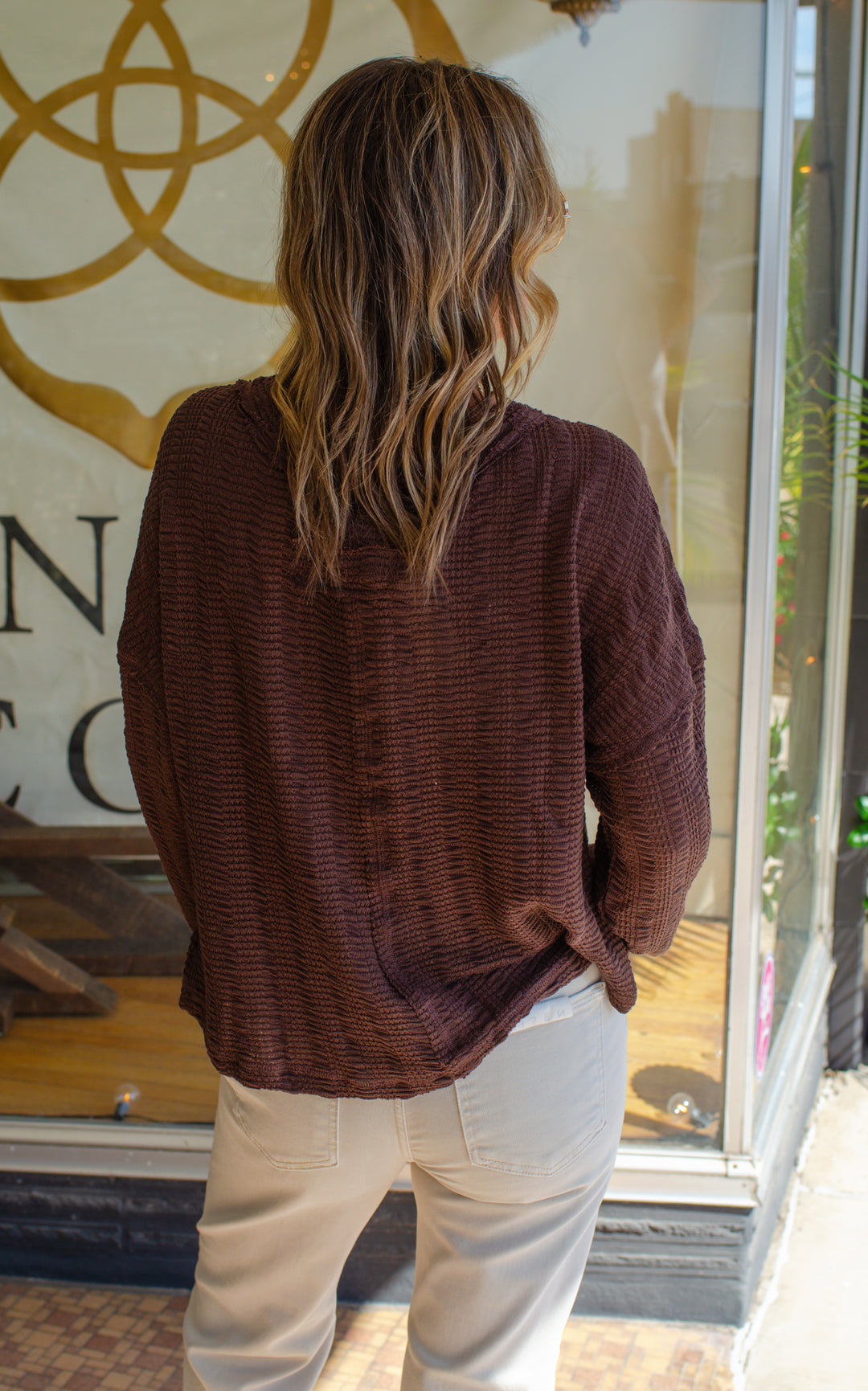 Our Time Textured V-Neck Long Sleeve Top in Chocolate