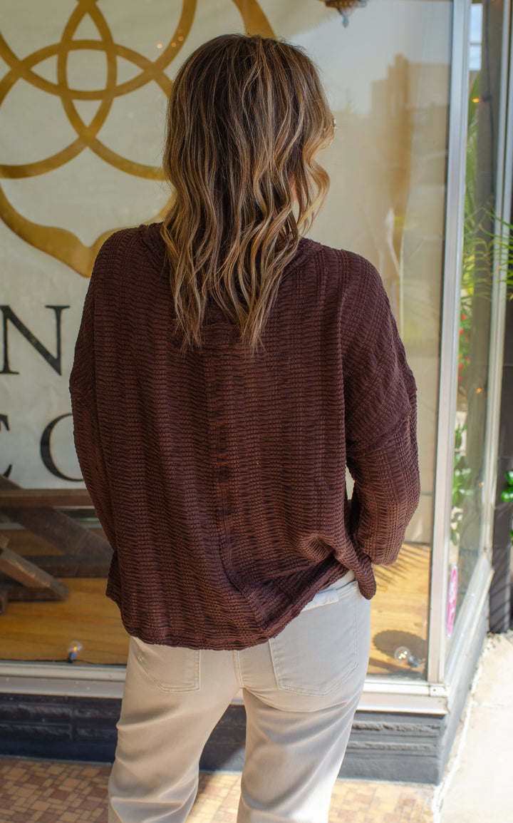 Our Time Textured V-Neck Long Sleeve Top in Chocolate