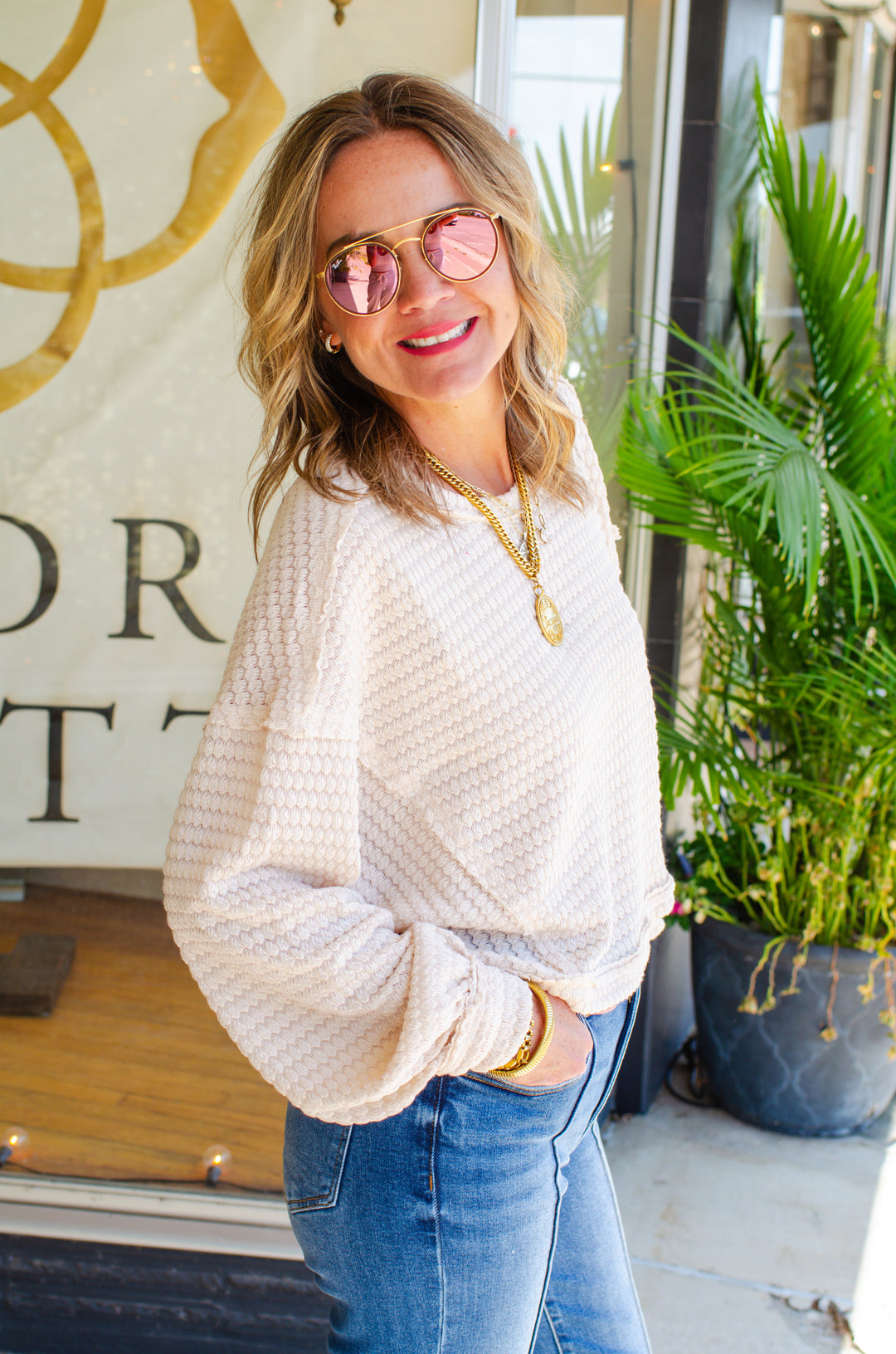 Cozy Moment Textured Round Neck Long Sleeve Top in Cream