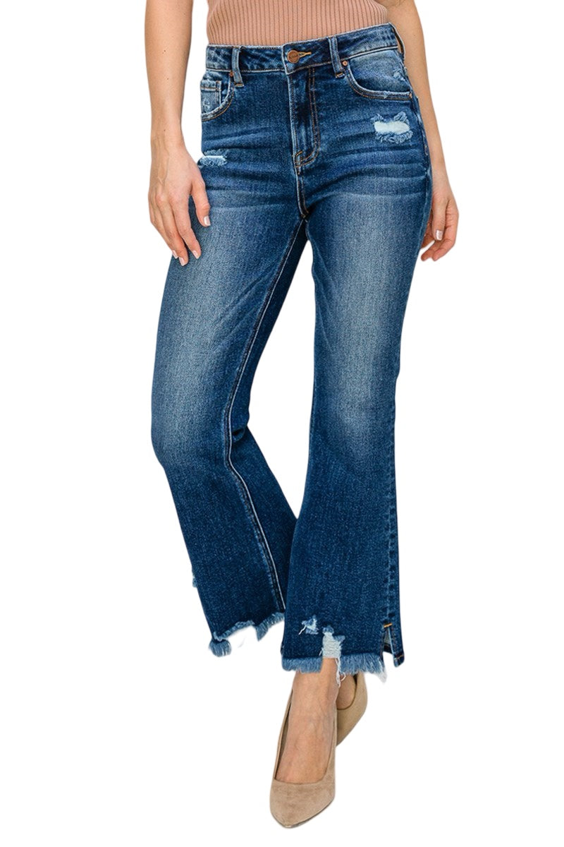 Risen High Rise Crop Flare Jeans in dark wash