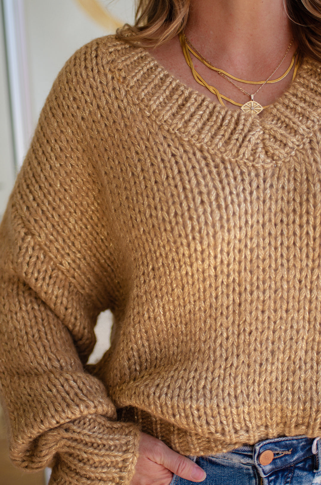 Forever Intertwined Metallic Gold & Canel V-Neck Knit Sweater