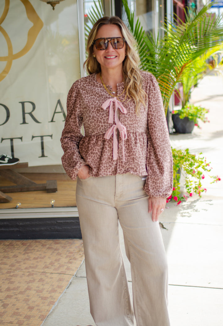 Wild Ways Pink Leopard Velvet Bow Front Top