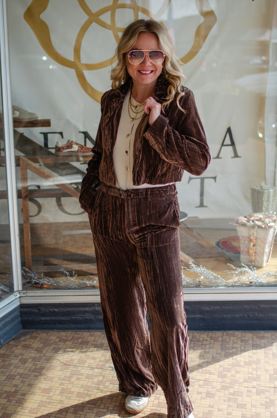 Pure Luxury Chocolate Brown Crushed Velvet Mid Rise Pant